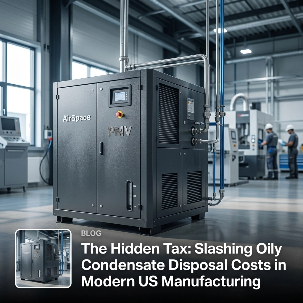 AirSpace PMV Permanent Magnet Variable Frequency screw air compressor in a modern US manufacturing facility, illustrating how high-efficiency industrial air systems reduce oily condensate disposal costs and energy waste