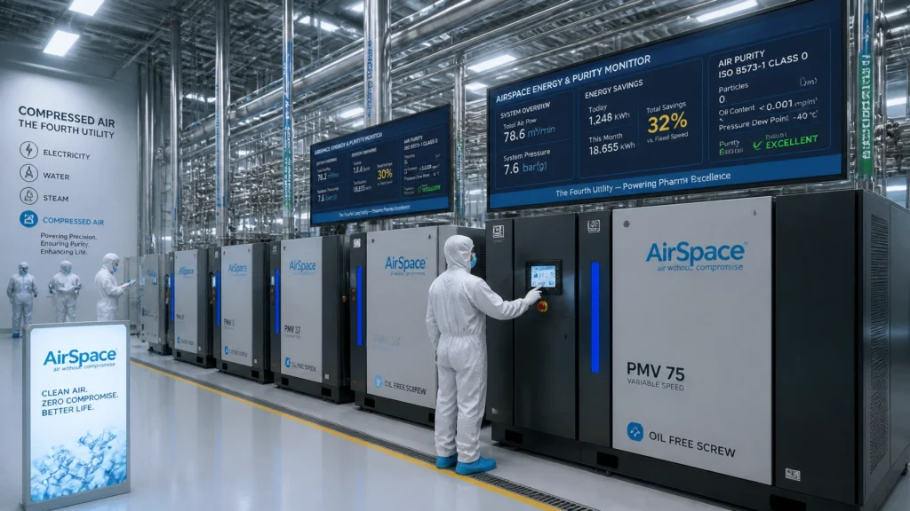 AirSpace Machinery PMV 75 oil-free screw air compressors installed in a high-tech facility, delivering ISO Class 0 certified air for pharmaceutical production. The industrial setup highlights real-time 32% energy savings and the role of compressed air as the essential fourth utility.