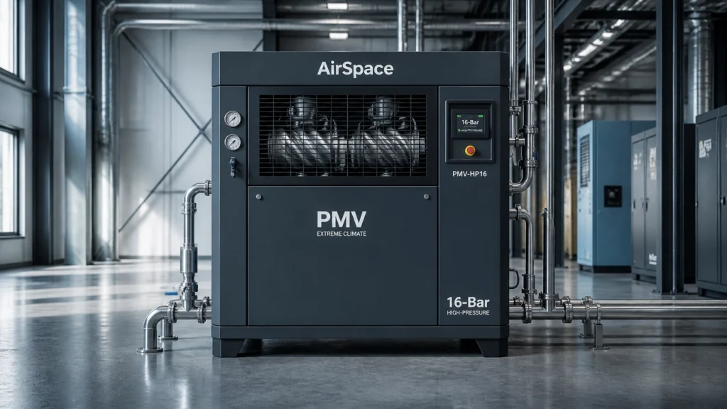AirSpace Machinery PMV-HP16 permanent magnet variable frequency 16-bar high-pressure screw air compressor designed for precision fiber laser cutting and industrial manufacturing.
