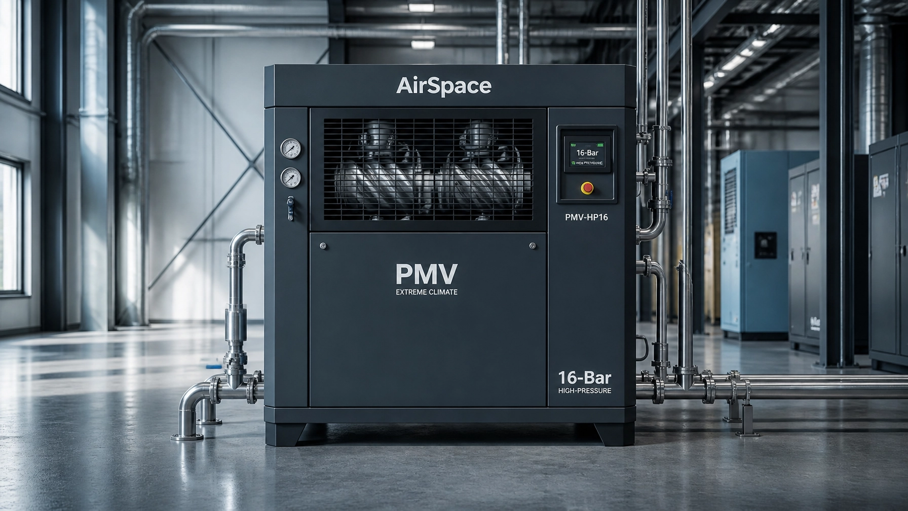 AirSpace Machinery PMV-HP16 permanent magnet variable frequency 16-bar high-pressure screw air compressor designed for precision fiber laser cutting and industrial manufacturing.