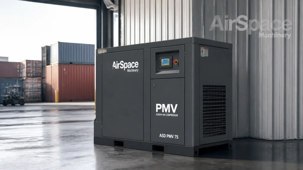 A high-efficiency AirSpace Machinery ASD PMV 75 permanent magnet variable frequency screw air compressor in a rugged matte dark gray finish, ready for deployment at an industrial warehouse. This VSD screw compressor is designed for maximum energy efficiency in global manufacturing hubs.