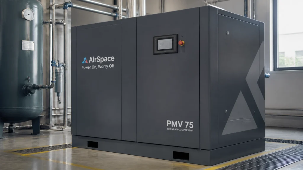 AirSpace Machinery PMV 75 energy-efficient screw air compressor installed in an industrial manufacturing facility with a vertical air storage tank