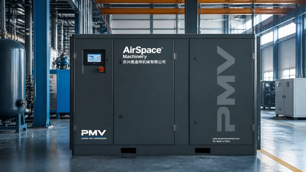 Industrial screw air compressor unit in a manufacturing facility, featuring AirSpace PMV technology for 35% energy savings and ISO 9001 certified reliability