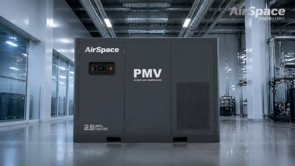 High-efficiency 2.0 MPa PM VSD screw air compressor by AirSpace Machinery designed for fiber laser cutting and high-pressure industrial applications in a cleanroom factory environment