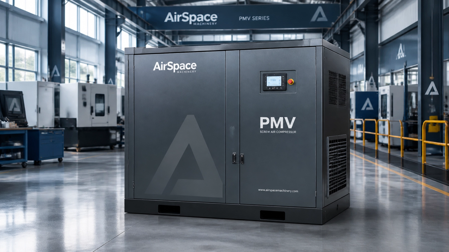 AirSpace Machinery PMV series rotary screw air compressor installed in a clean, modern manufacturing facility