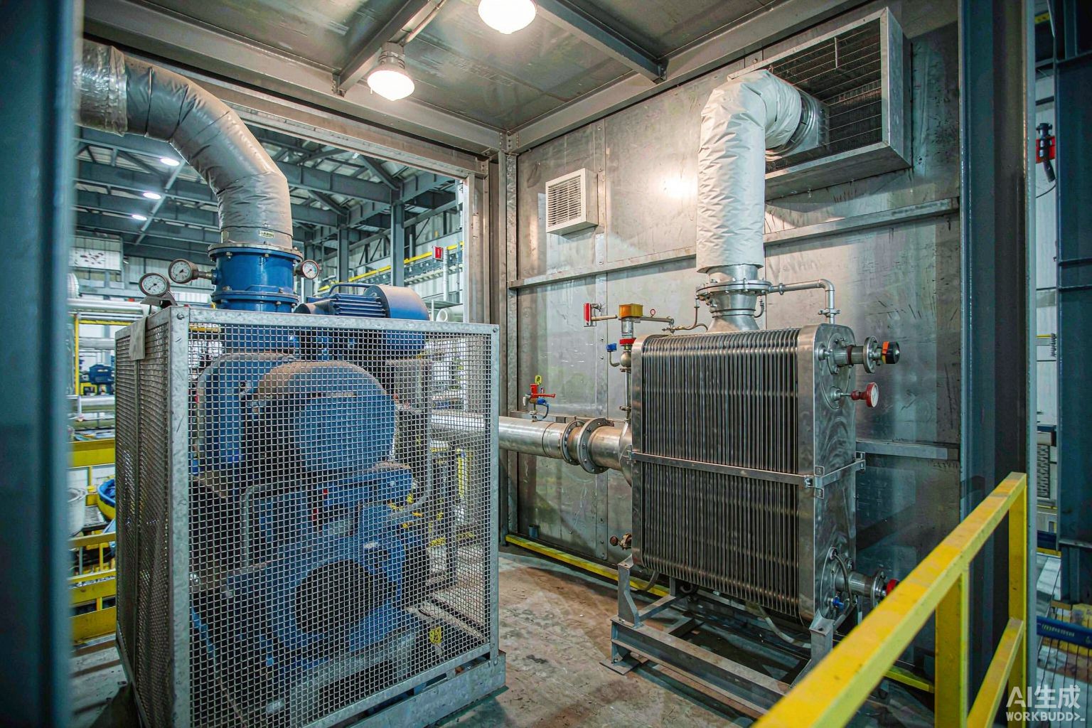 Screw air compressor with insulated ducting and a plate heat exchanger recovering waste heat in a factory compressor room