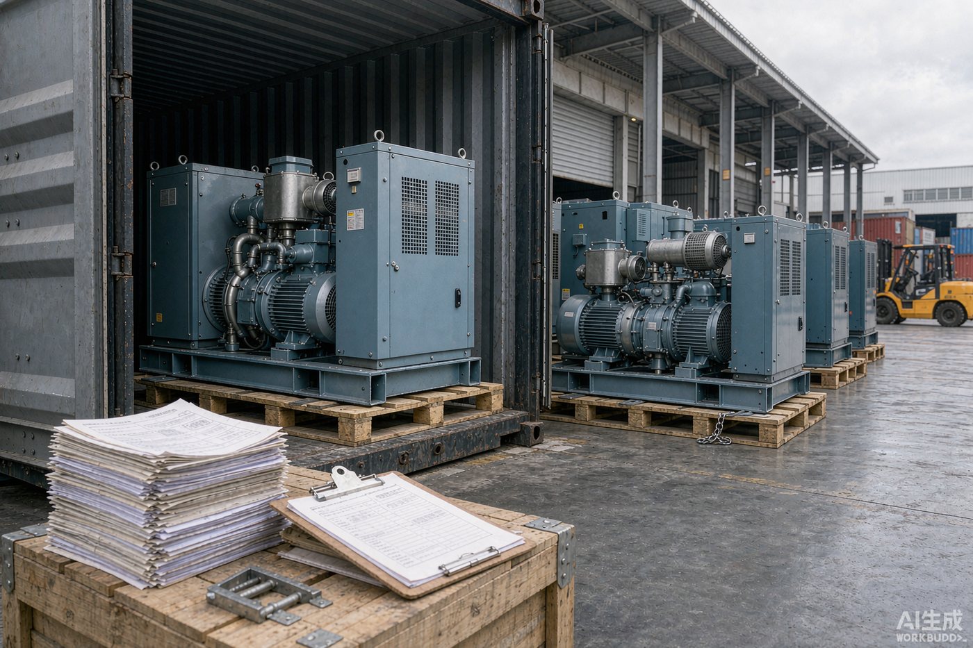 Industrial screw air compressors being loaded into an export freight container at a factory loading dock