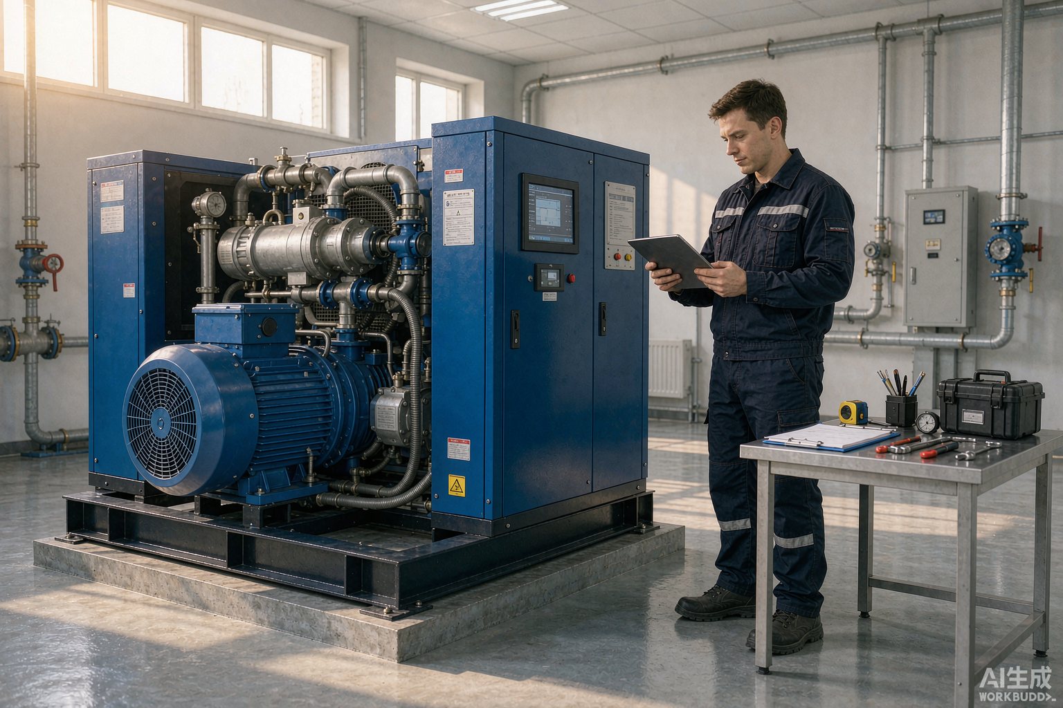 Service engineer with a tablet performing commissioning checks beside a newly installed blue screw air compressor in a compressor room