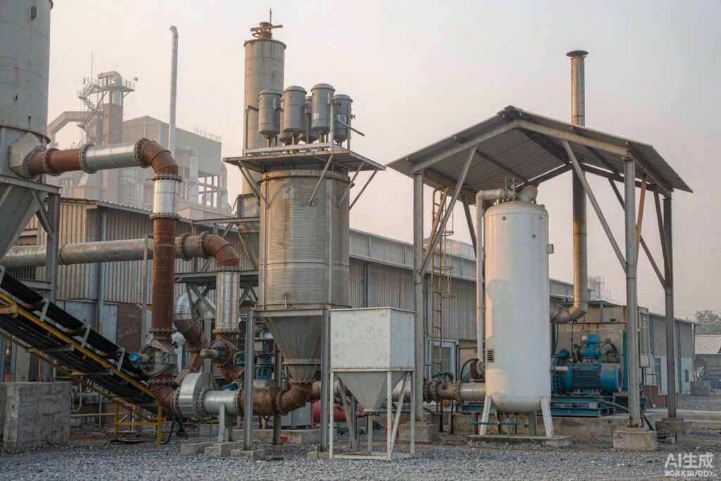 Low-pressure air compressor for the cement industry installed beside silos and a pneumatic conveying station