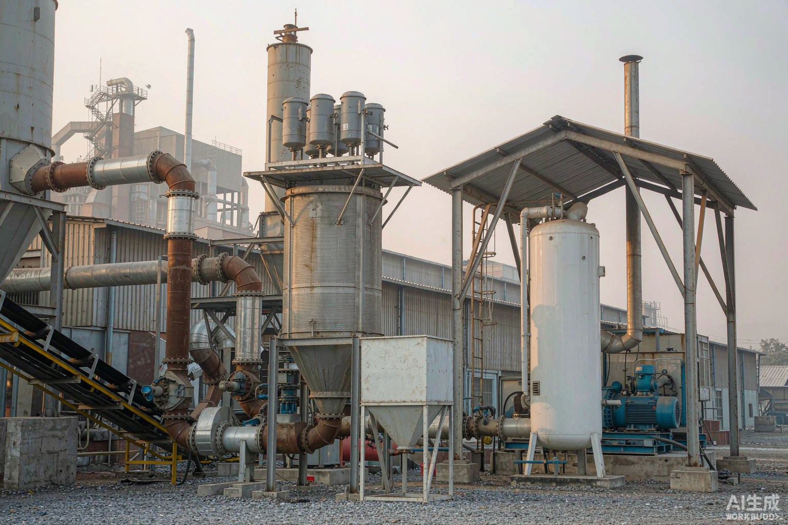 Low-pressure air compressor for the cement industry installed beside silos and a pneumatic conveying station