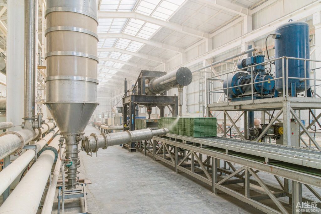 Low-pressure air compressor for the ceramic industry installed beside a spray dryer in a ceramic tile plant