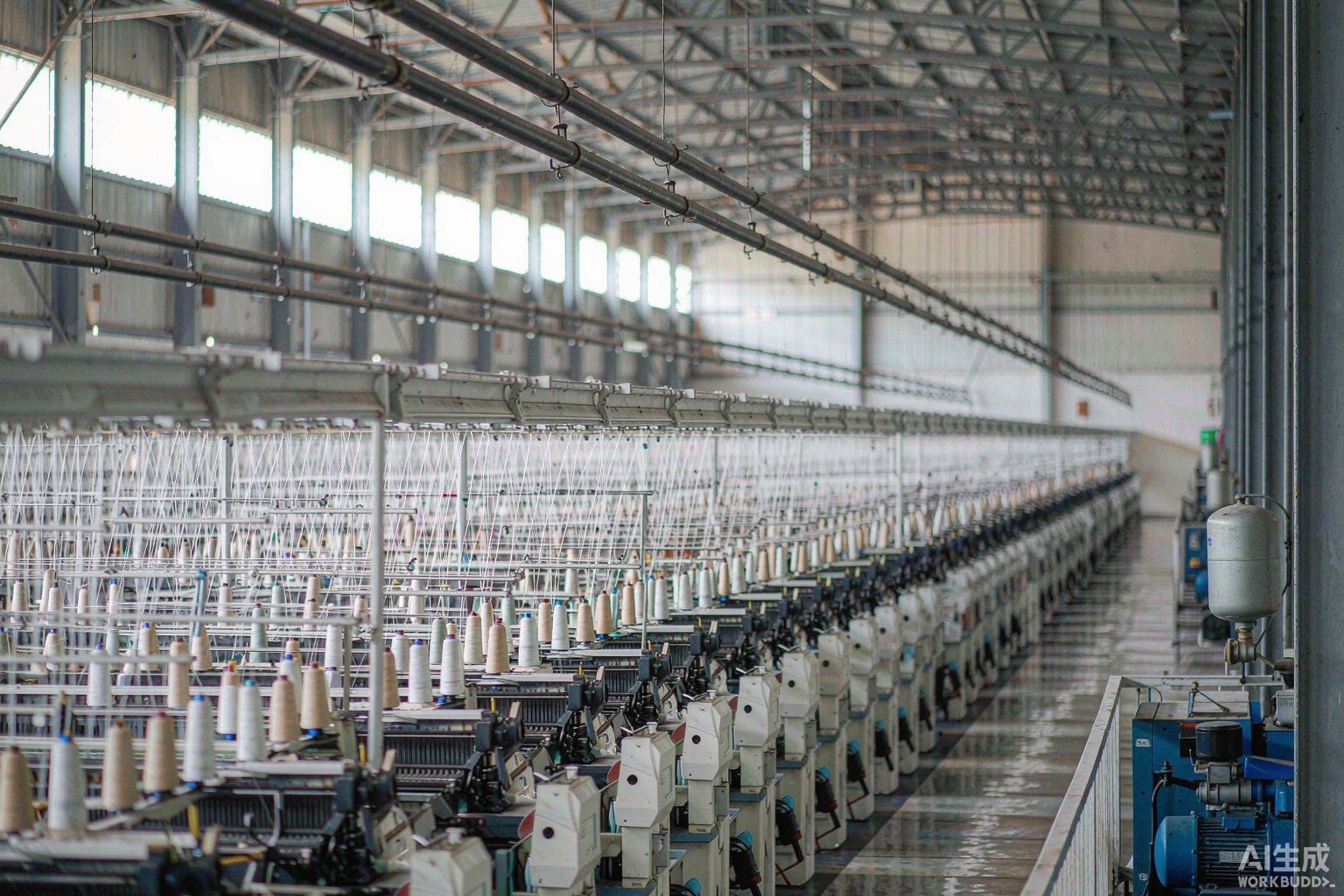 Low-pressure air compressor for the textile industry installed in an air-jet weaving hall next to a 3–5 bar air receiver
