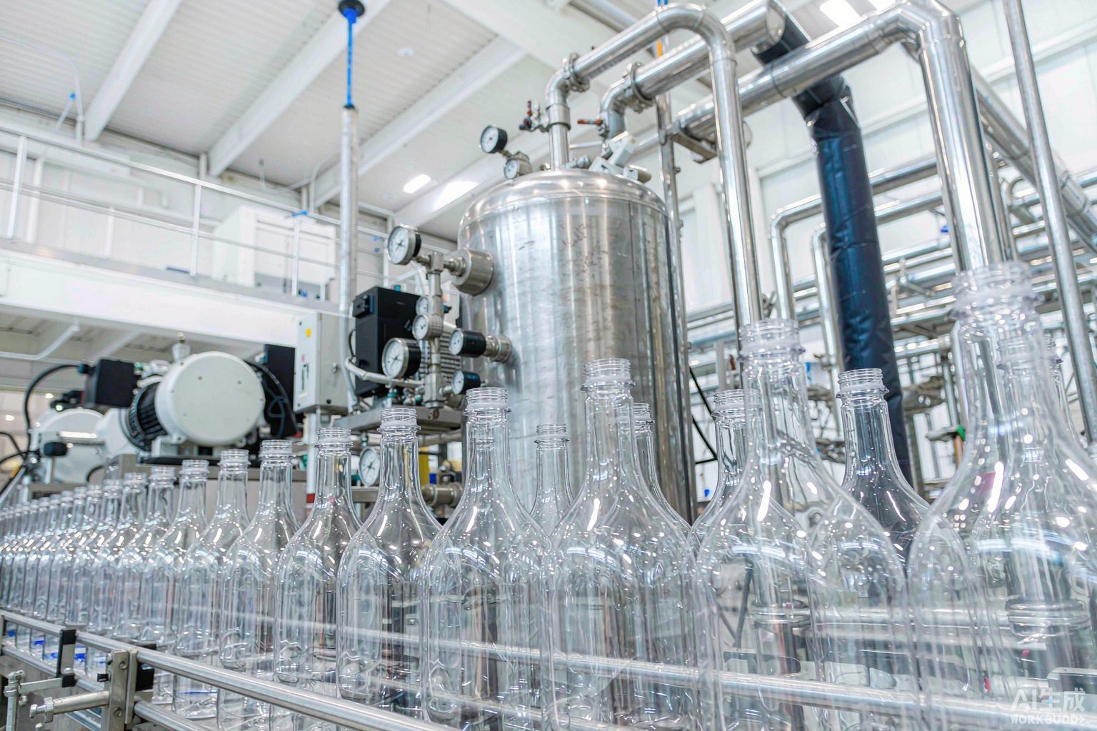PET bottles on a production line conveyor with an industrial screw air compressor and compressed air piping in the background