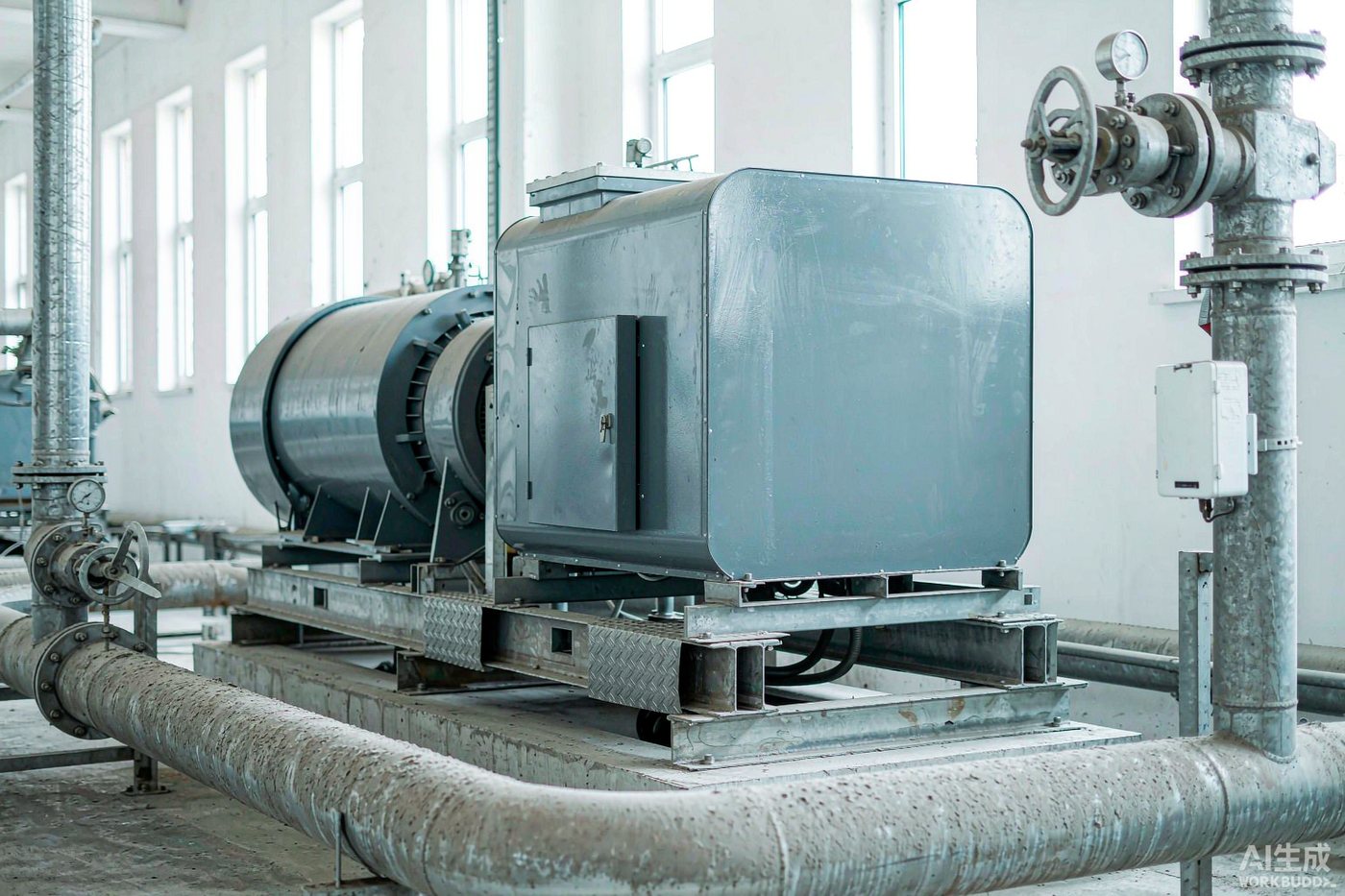 WindForce rotary screw blower package with PMV variable speed drive installed beside an aeration basin air header in an industrial plant room