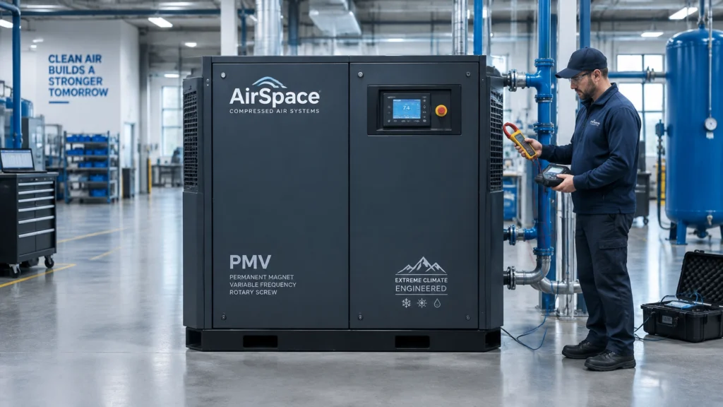 Compressed air energy audit: technician checking compressor load, leaks and pressure