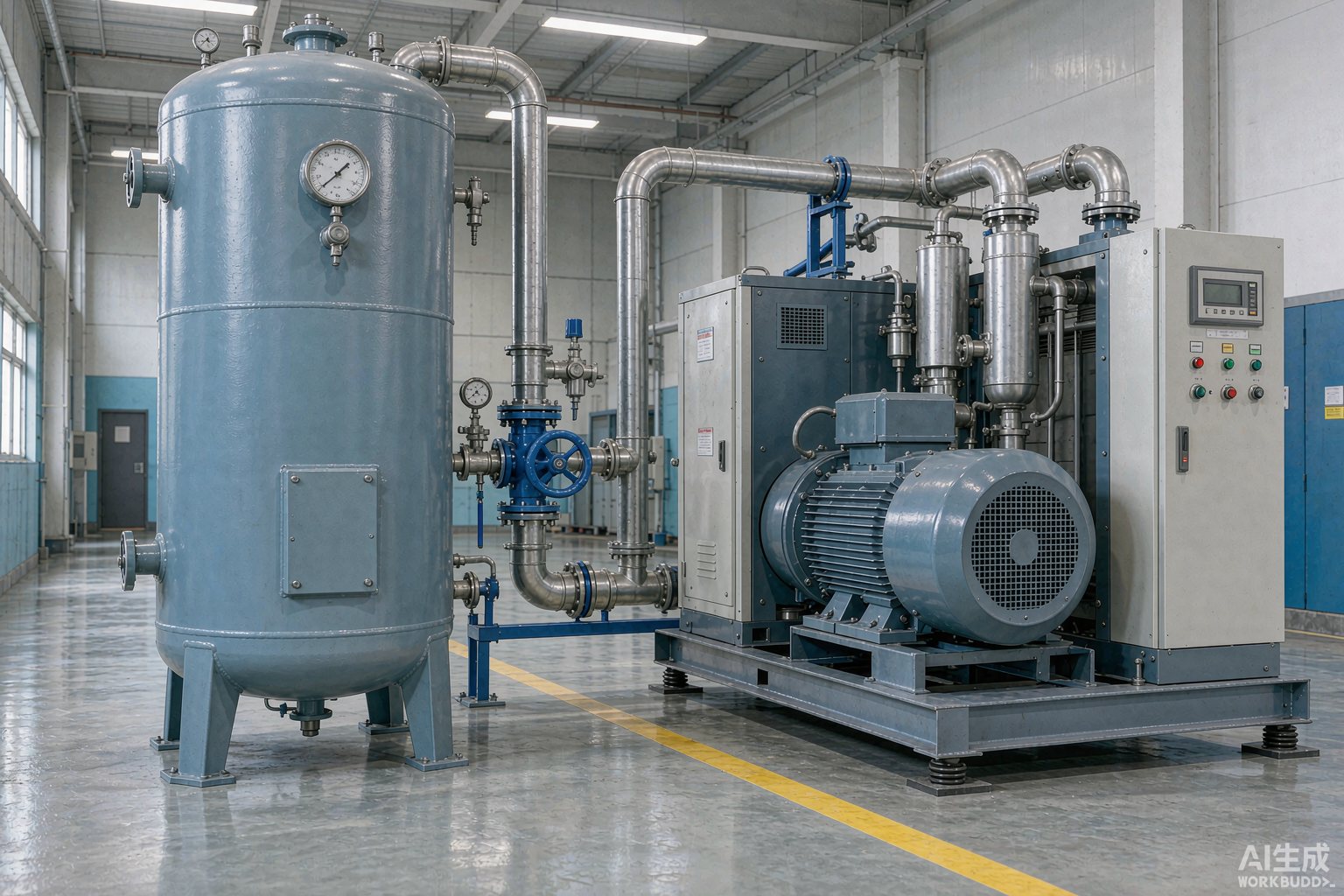 Air receiver tank beside a 75 kW screw air compressor in a plant compressor room, with pressure gauge and isolation valve on the discharge header