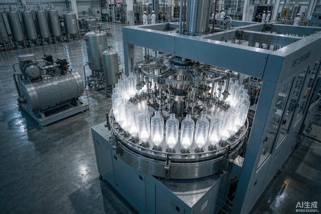 PET blow moulding machine producing clear plastic bottles beside a medium-pressure screw air compressor and desiccant dryer in a bottling plant