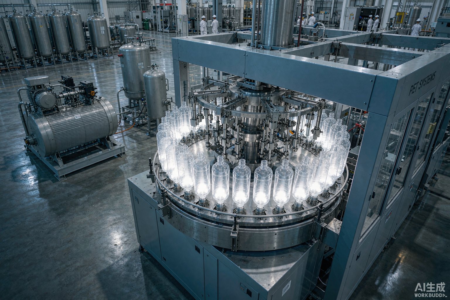 PET blow moulding machine producing clear plastic bottles beside a medium-pressure screw air compressor and desiccant dryer in a bottling plant