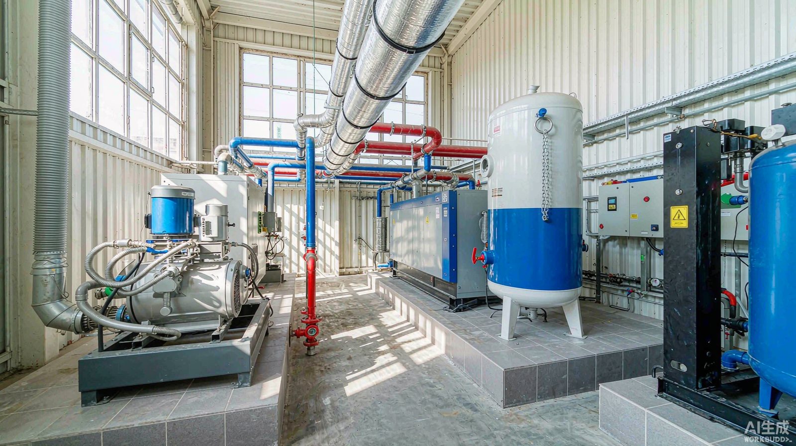 Compressed air room design layout — compressor, receiver, dryer and ventilation with service clearance