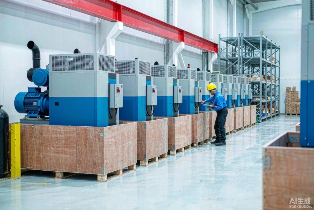 Distribution warehouse with row of PM VSD screw air compressors in crates, distributor engineer checking nameplate with clipboard