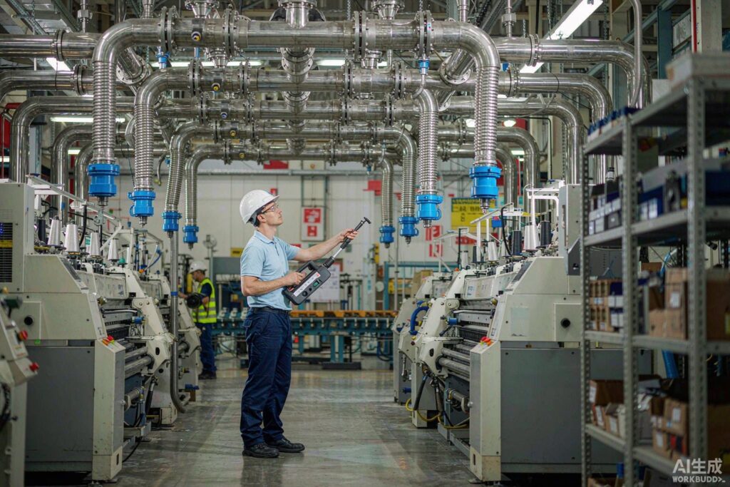 Maintenance engineer checking a compressed air header with an ultrasonic leak detector in a factory compressor room