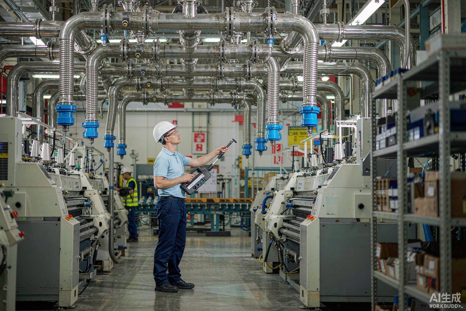 Maintenance engineer checking a compressed air header with an ultrasonic leak detector in a factory compressor room
