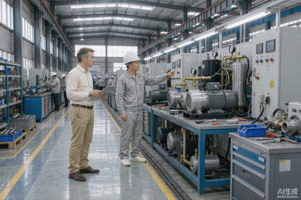Overseas buyer auditing a screw air compressor assembly line at a Chinese factory test bench