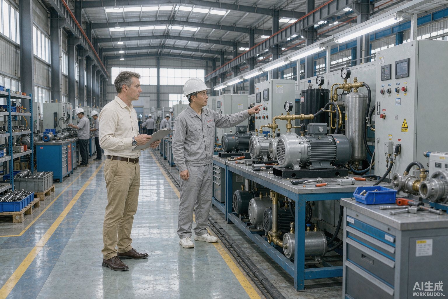 Overseas buyer auditing a screw air compressor assembly line at a Chinese factory test bench