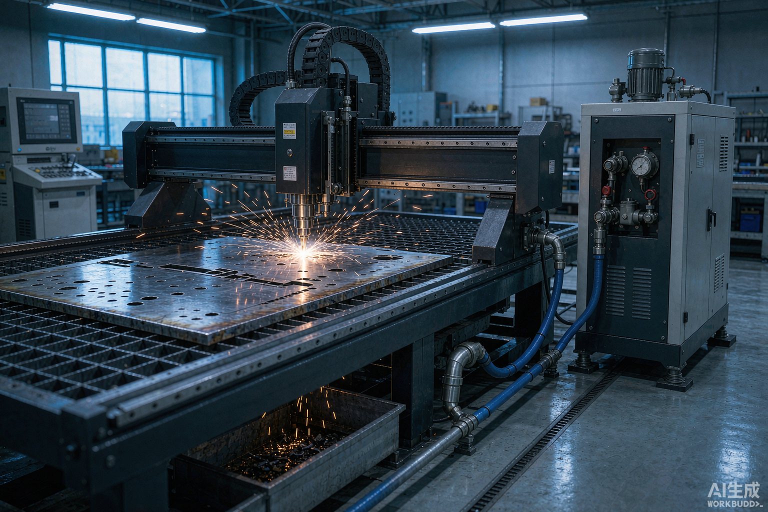 Fiber laser cutting machine cutting steel with an integrated compressed air supply cabinet
