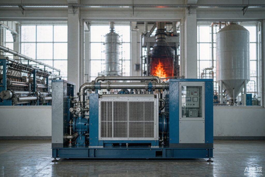Low-pressure air compressor for the textile, ceramic, glass and cement industries shown with four plant application cutaways