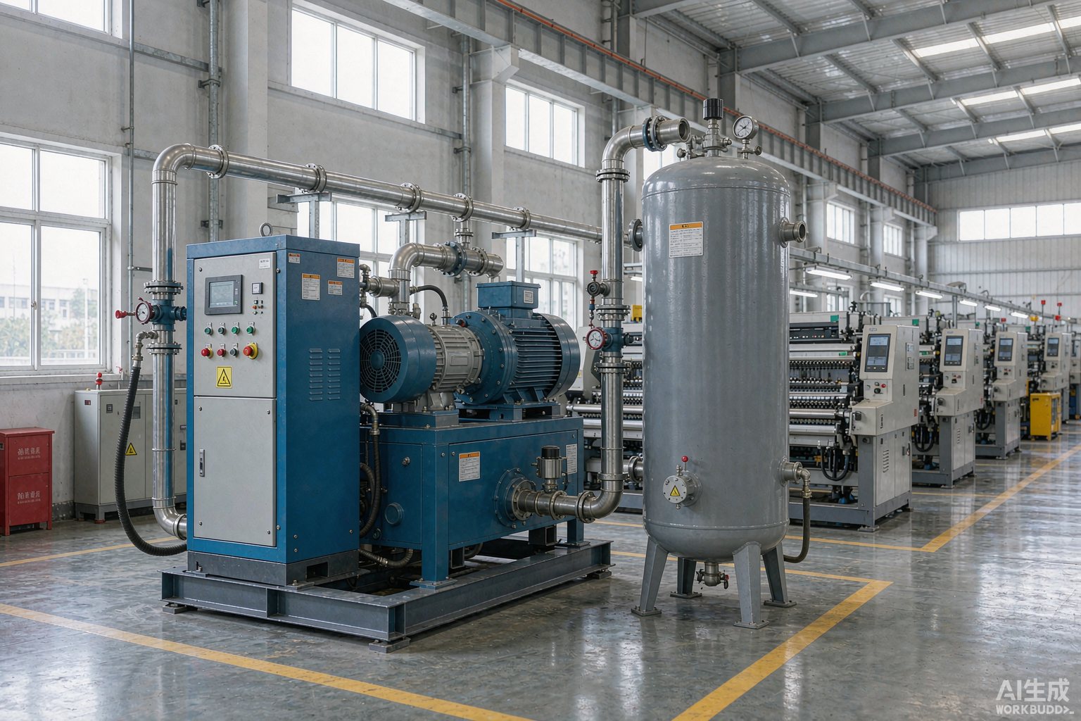 Low-pressure screw air compressor with receiver tank installed beside textile looms in a modern mill
