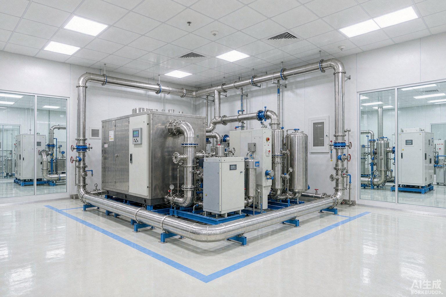 Oil-free Class 0 compressor room with stainless steel piping for food and pharmaceutical plants