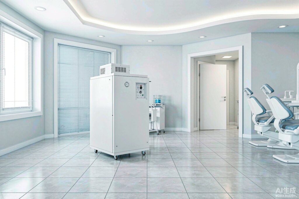 Compact oil-free scroll air compressor cabinet installed in a white dental clinic treatment room beside dental chairs and equipment