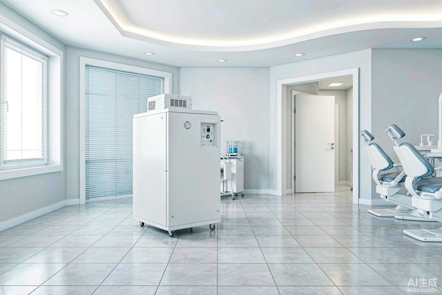 Compact oil-free scroll air compressor cabinet installed in a white dental clinic treatment room beside dental chairs and equipment
