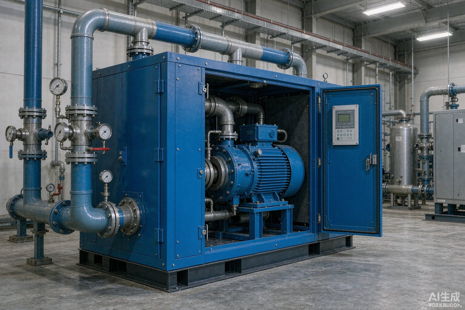 AirSpace FluxDrive PM VSD screw air compressor package with IE5 permanent magnet motor in an industrial compressor room