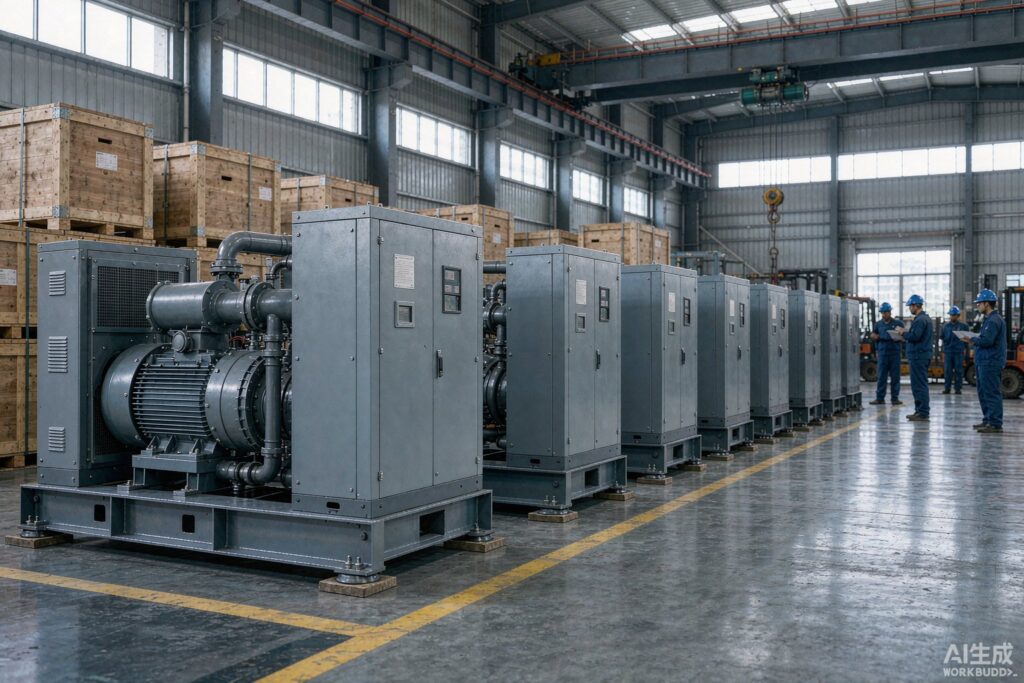 Row of private-label screw air compressors on a factory assembly floor awaiting pre-shipment inspection