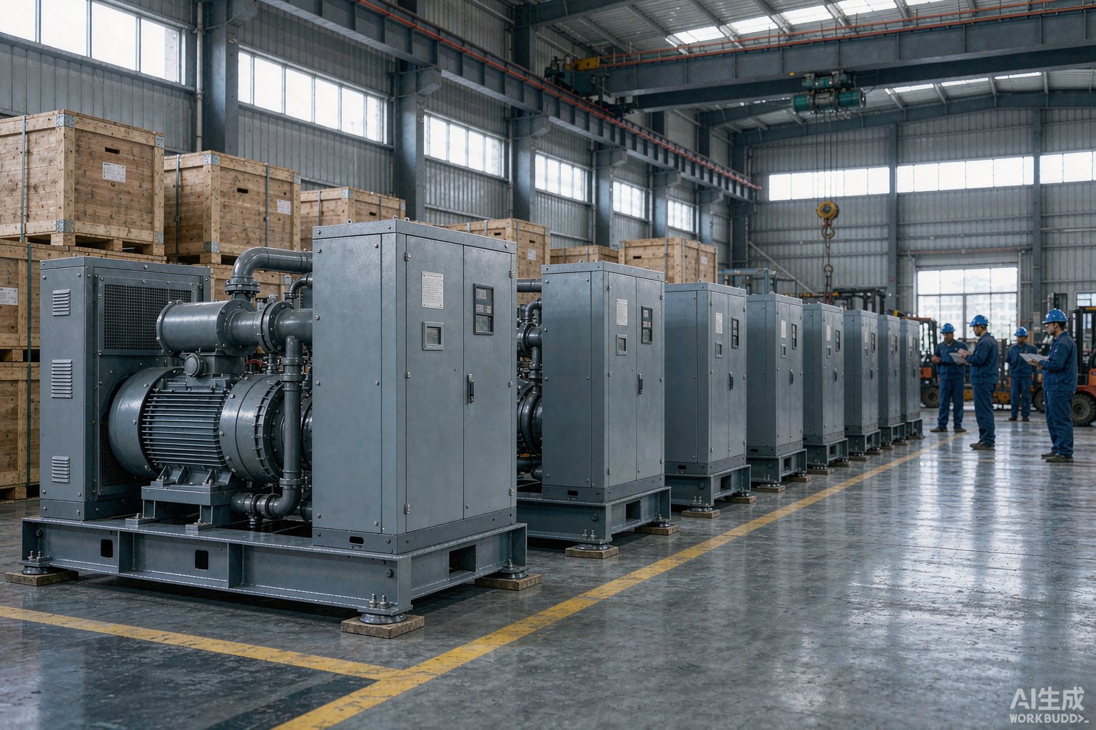 Row of private-label screw air compressors on a factory assembly floor awaiting pre-shipment inspection