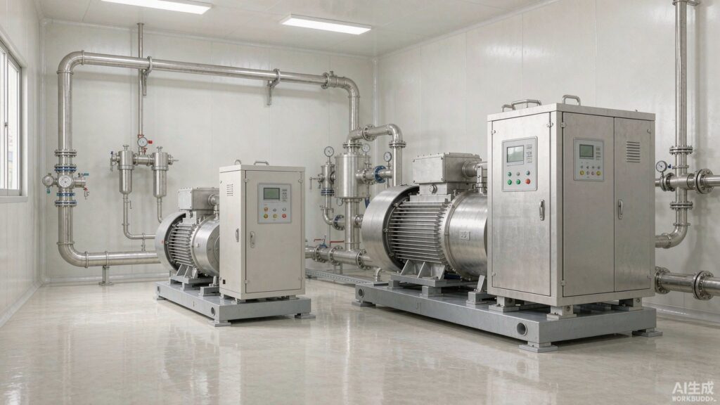 Oil-free scroll and screw air compressors in a food-grade plant room with stainless piping