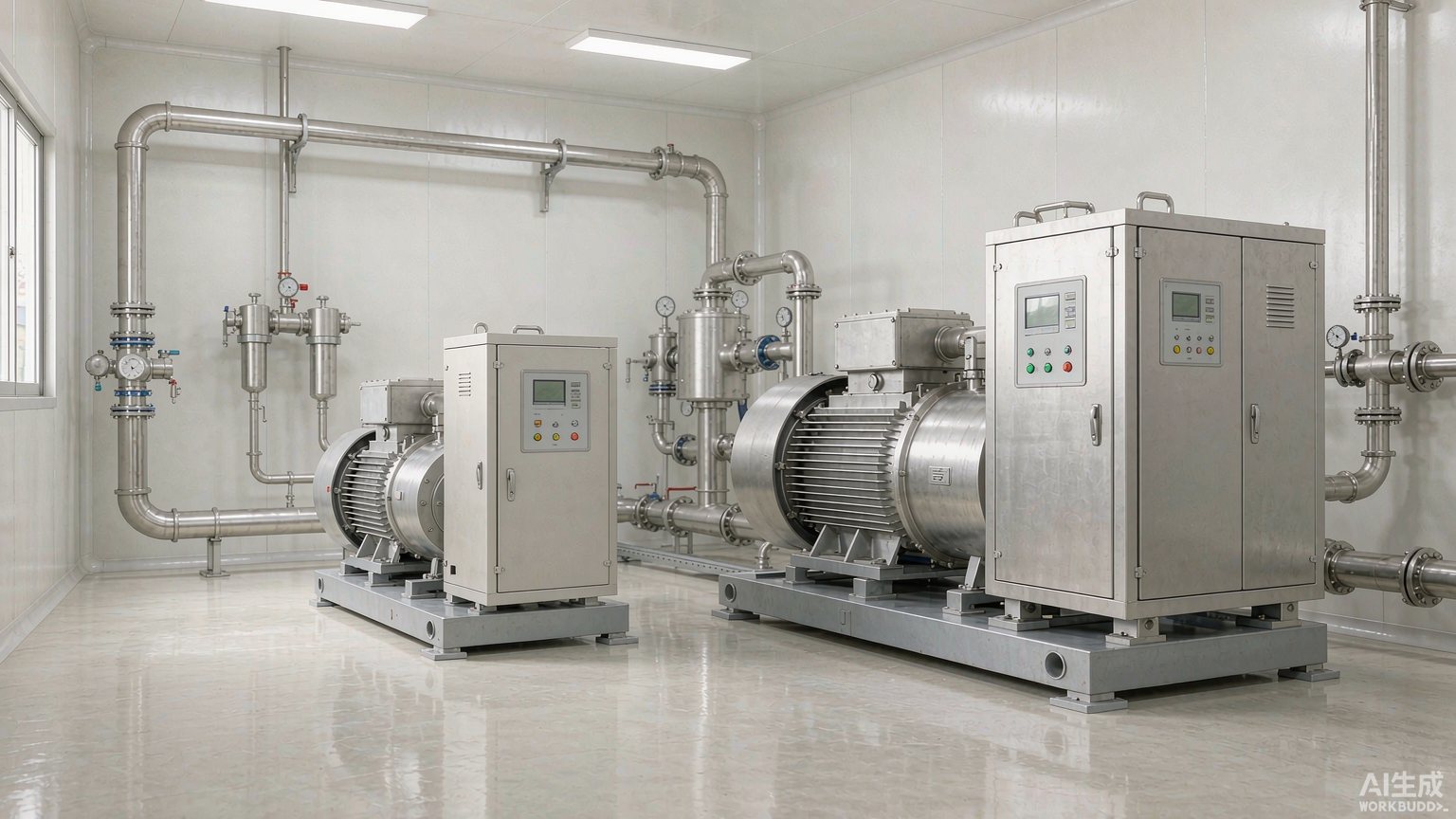 Oil-free scroll and screw air compressors in a food-grade plant room with stainless piping