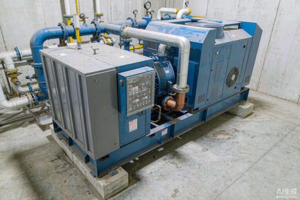 AirSpace TwinBoost two-stage screw air compressor package with interstage cooling piping in an industrial compressor room