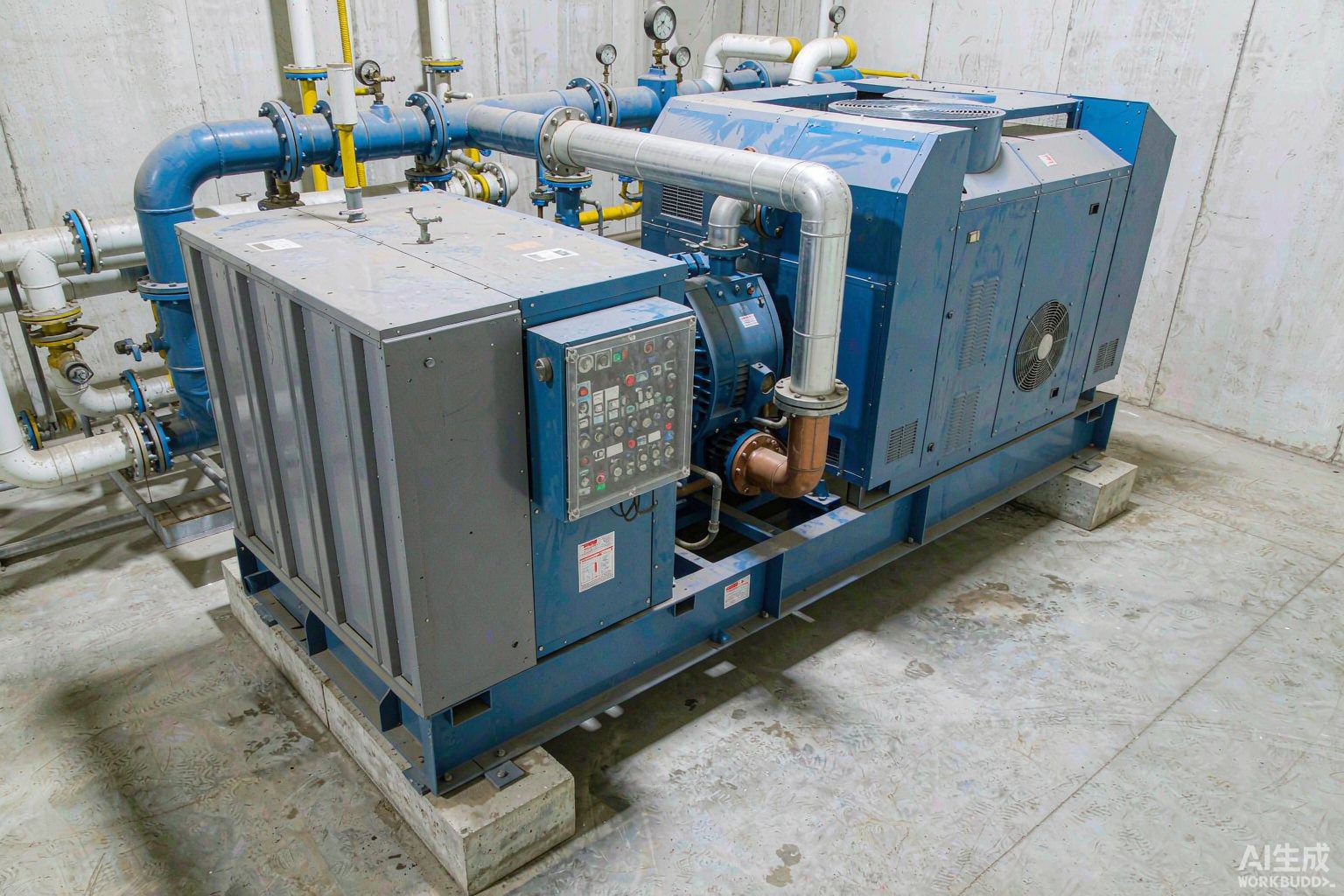 AirSpace TwinBoost two-stage screw air compressor package with interstage cooling piping in an industrial compressor room