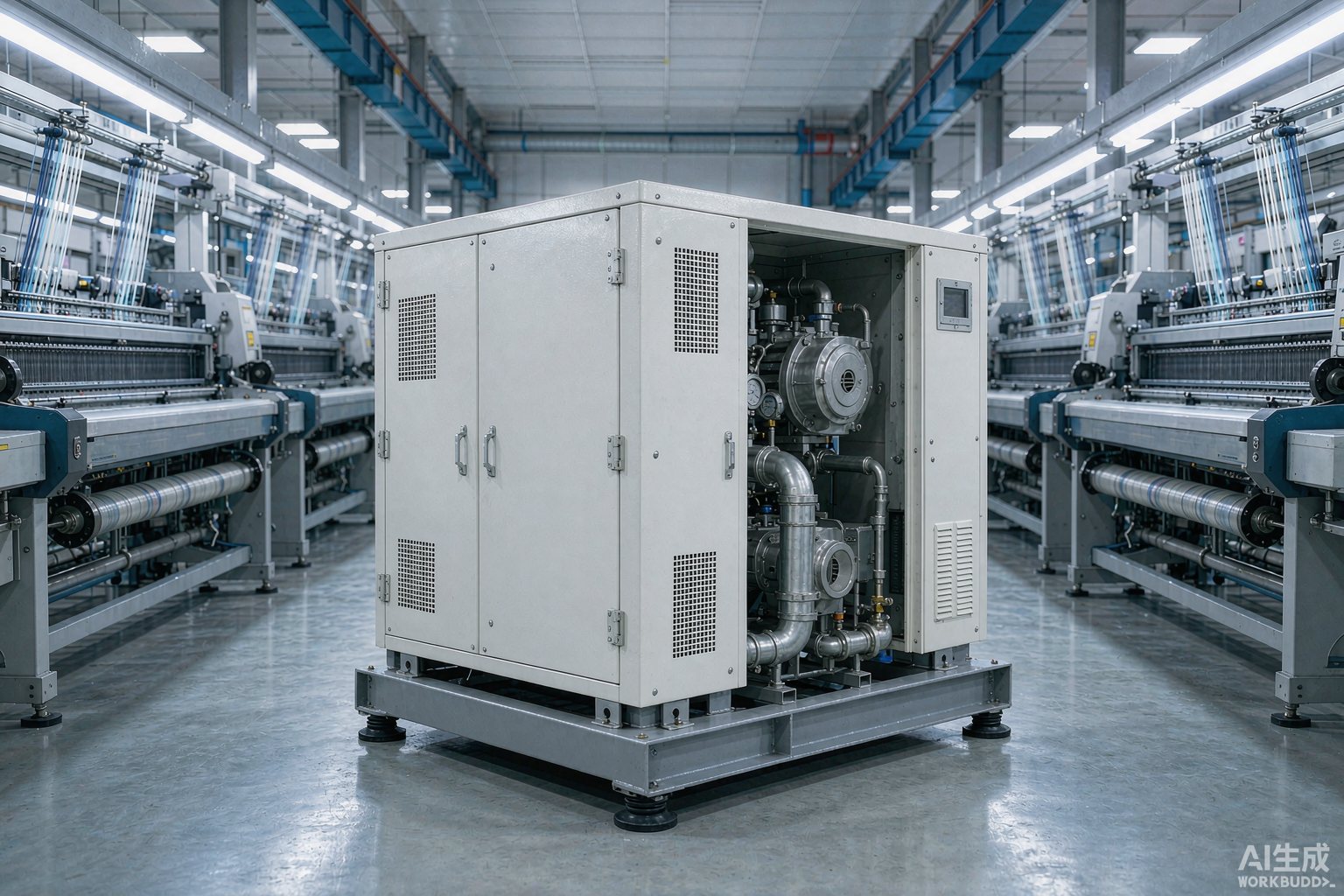 Ultra-silent oil-free scroll air compressor with acoustic enclosure installed in a production hall beside textile machinery